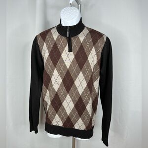 Studio By Omega Men's Brown Tan Argyle 1/4 Zip Mock Collar Sweater Sz Small